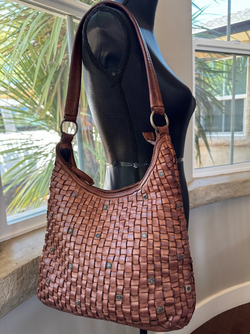 Harbour 2nd Tuula Woven Leather Riveted Distressed Hobo Shoulder Bag Purse